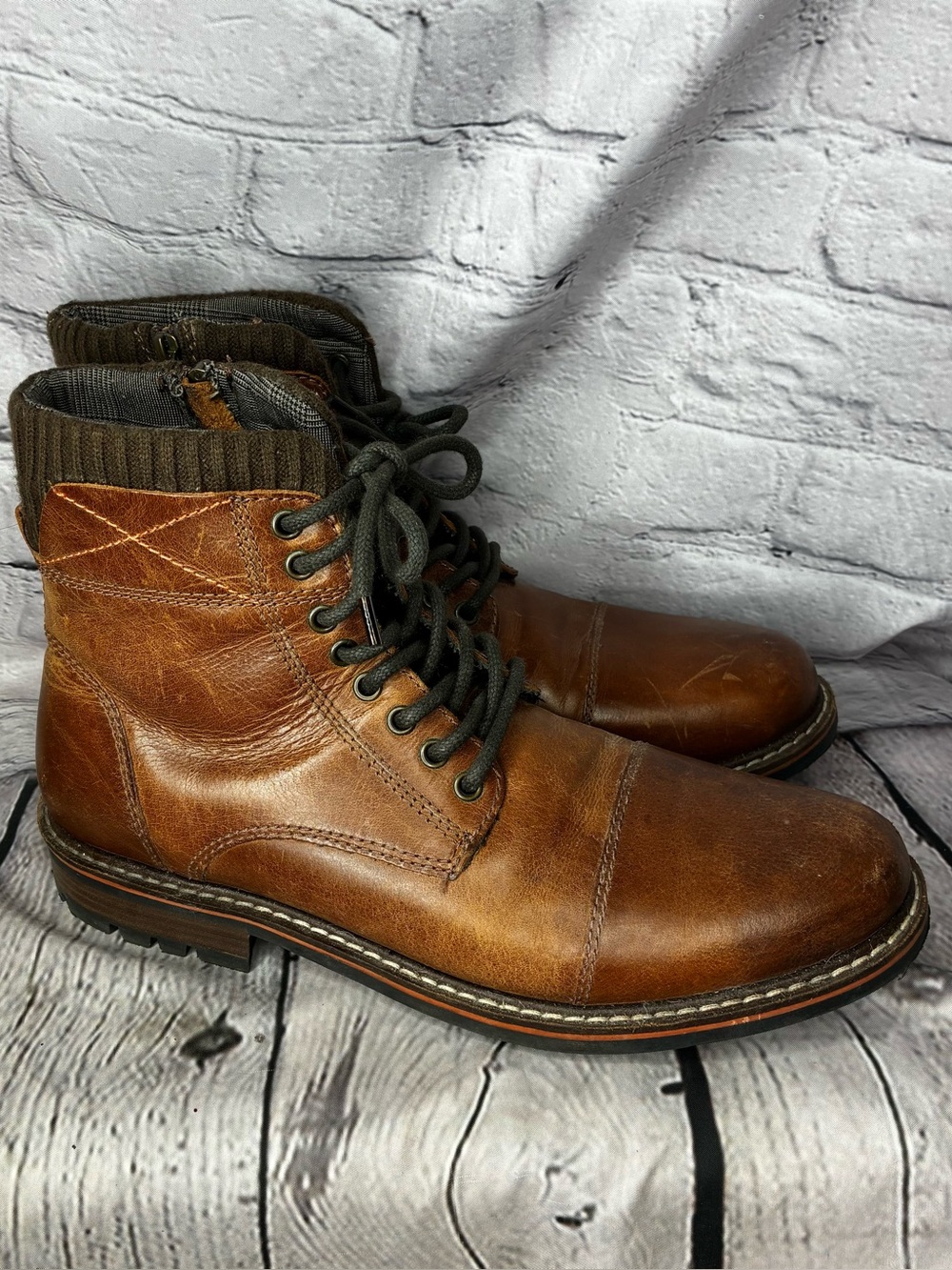 Cabincore Refined Lumberjack Heritage Chestnut Brown Leather Zip Lace Boots 12
